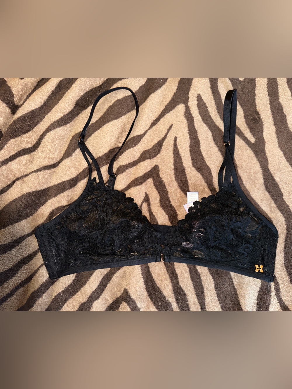 Savage X Fenty Black Sheer Lace Bralette with Gold Logo